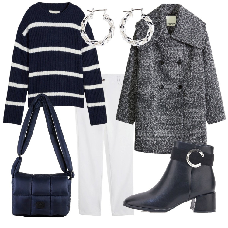 Outfit donna - Il maglione a righe. Stile Casual chic per Tutti i giorni. Abbinamento con pantaloni, orecchini, cappotti, maglieria, borse a spalla, stivaletti.