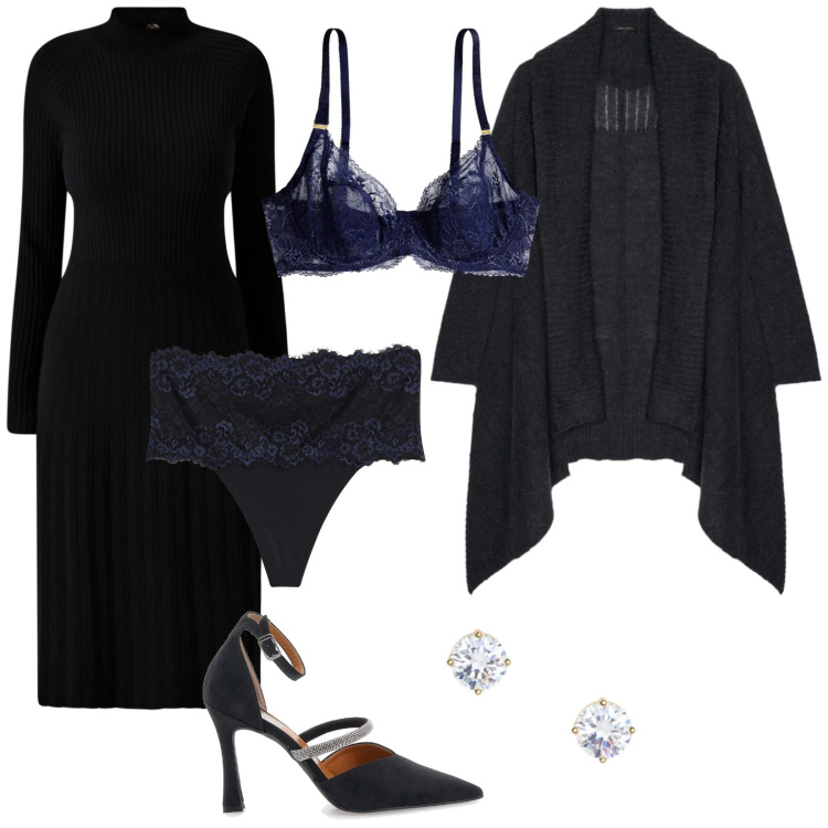 Outfit donna - Intimo blu. Stile Chic per Tutti i giorni. Abbinamento con perizomi, vestiti midi/longuette, reggiseni, orecchini, décolleté, cardigans.