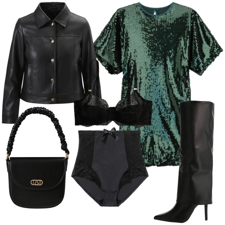 Outfit donna - Il mini abito con le paillettes. Stile Chic per Serata fuori. Abbinamento con culotte, vestiti corti, giacche, borse a mano, stivali, reggiseni.