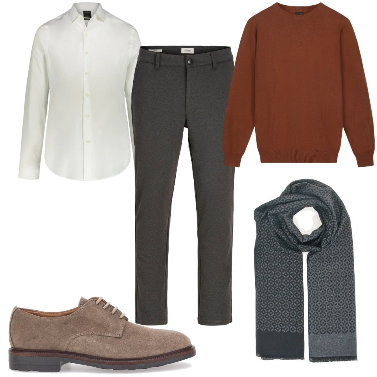Outfit uomo - Total look #2302189. Stile Casual per Ufficio. Abbinamento con pantaloni chino, camicie, sciarpe, scarpe stringate, maglieria.
