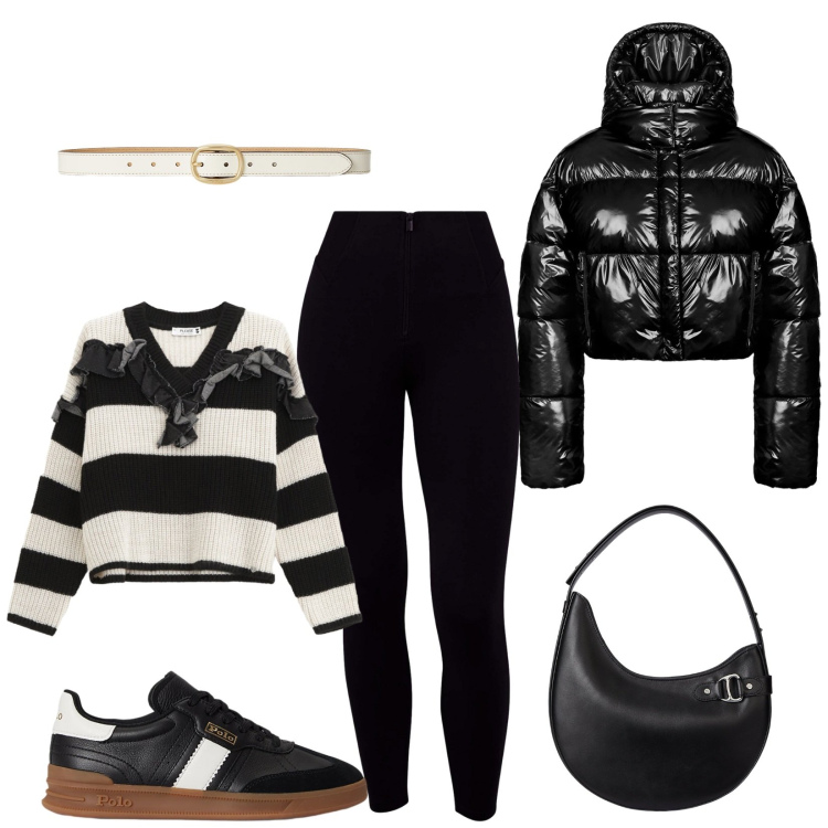 Outfit donna - Total look #2302190. Stile Sporty chic per Tutti i giorni. Abbinamento con maglieria, pantaloni skinny, cinture, sneakers, borse a spalla, piumini.