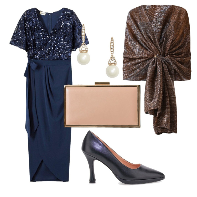 Outfit donna - Brillante. Stile Chic per Serata fuori. Abbinamento con vestiti lunghi, stole, pochette, orecchini, décolleté.