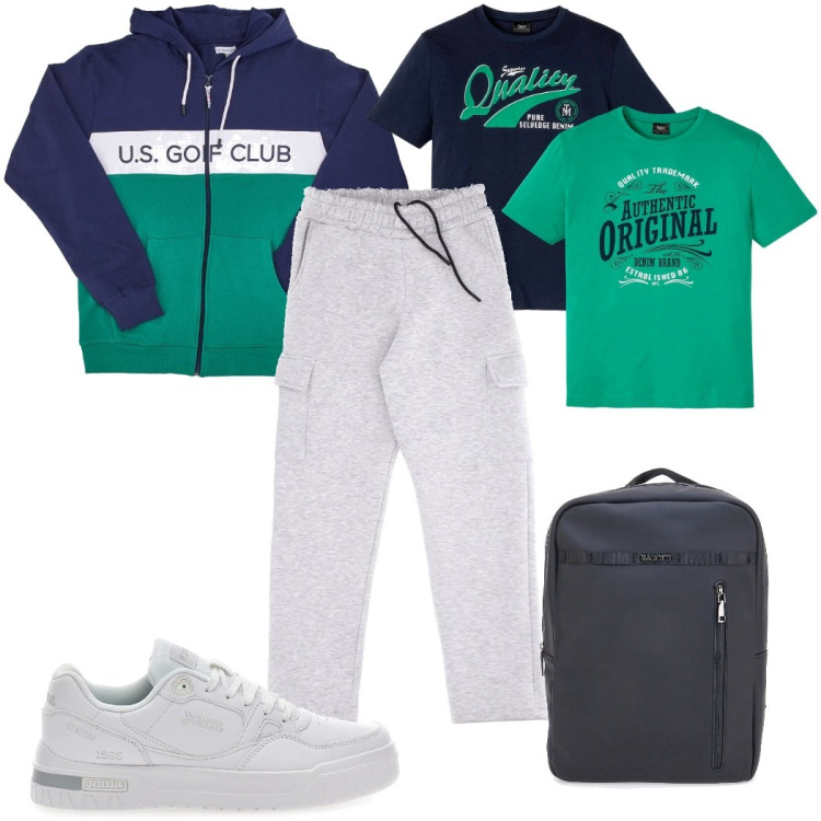 Outfit uomo - Total look #2302194. Stile Trendy per Sport. Abbinamento con t-shirt, felpe con cappuccio, sneakers, pantaloni cargo, borse sportive.