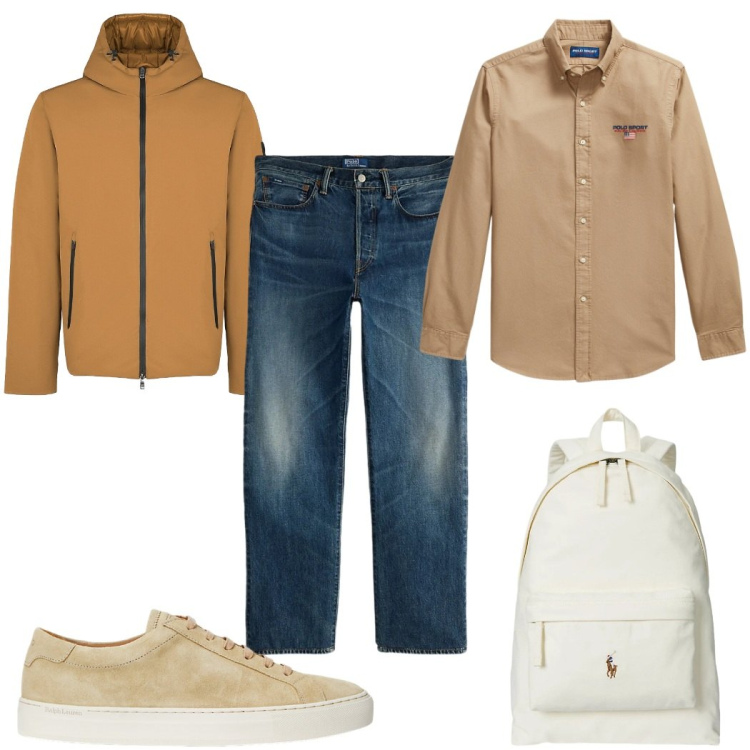 Outfit uomo - Total look #2302197. Stile Trendy per Tutti i giorni. Abbinamento con sneakers, borse sportive, camicie, jeans dritti, parka.
