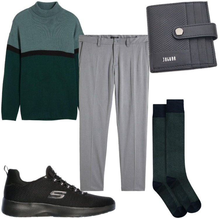 Outfit uomo - Total look #2302199. Stile Casual per Ufficio. Abbinamento con pantaloni, maglieria, sneakers, portafogli, calzini.