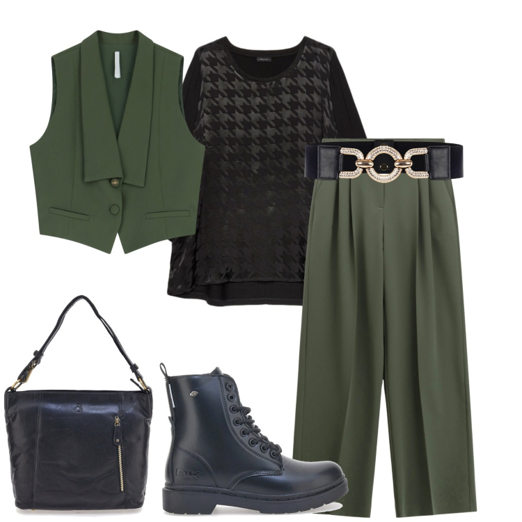 Outfit donna - Total look #2302200. Stile Casual chic per Tutti i giorni. Abbinamento con cinture, pantaloni a palazzo, gilet, bluse, anfibi, borse a spalla.