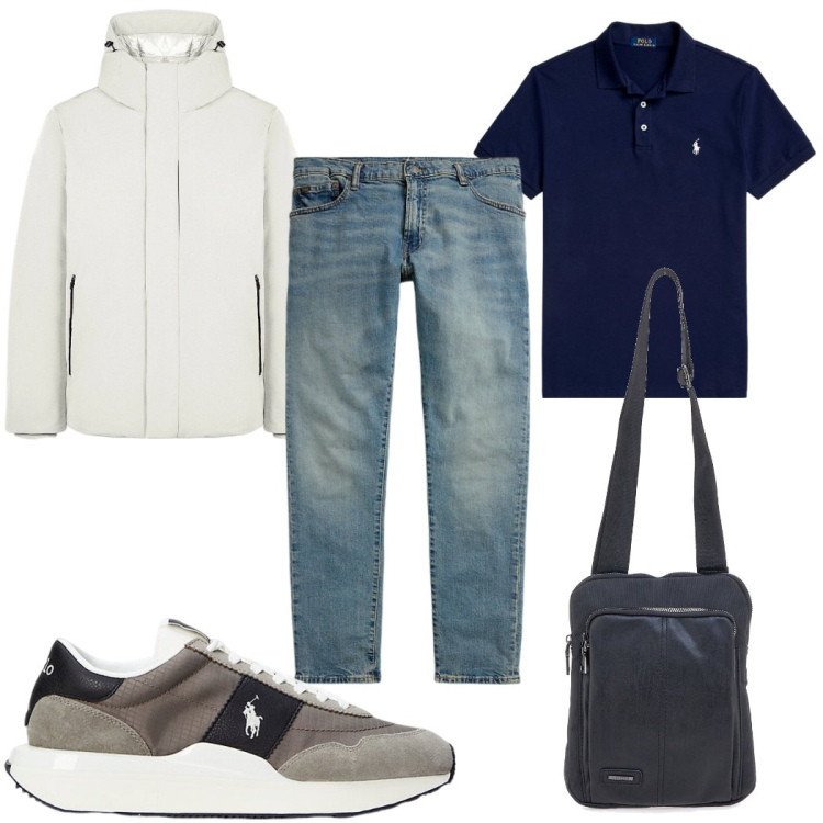 Outfit uomo - Total look #2302201. Stile Trendy per Tutti i giorni. Abbinamento con polo, sneakers, jeans, parka, portafogli.
