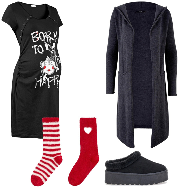 Outfit donna - Premaman a Natale. Stile Trendy per Tutti i giorni. Abbinamento con cardigans, camicie da notte, calzini, ciabatte.