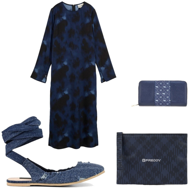 Outfit donna - Blue and yellow. Stile Basic per Serata fuori. Abbinamento con vestiti midi/longuette, clutch, portafogli, ballerine.