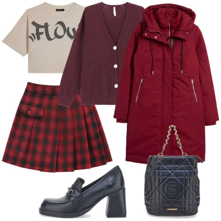 Outfit donna - Preppy a dicembre. Stile Preppy per Tutti i giorni. Abbinamento con piumini, minigonne, cardigans, t-shirt, mocassini, zaini.