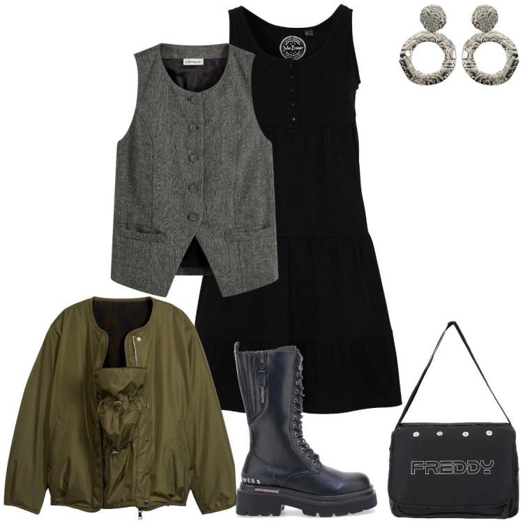 Outfit donna - Mix minimal elegance. Stile Boho per Ufficio. Abbinamento con vestiti corti, gilet, bomber, orecchini, borse messenger, anfibi.