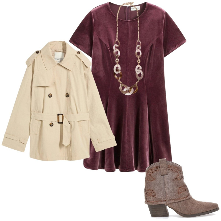 Outfit donna - Magiche cose. Stile Bon Ton per Scuola/Università. Abbinamento con trench, vestiti corti, collane, stivaletti texani.