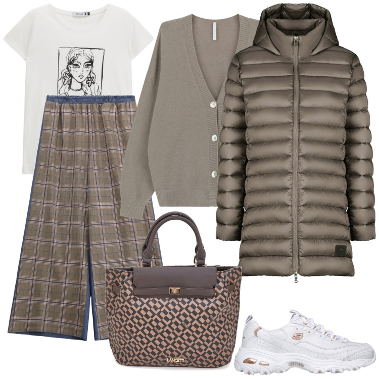 Outfit donna - Outfit monocromatico. Stile Casual per Tutti i giorni. Abbinamento con pantaloni a palazzo, t-shirt, cardigans, piumini, borse a mano, sneakers.