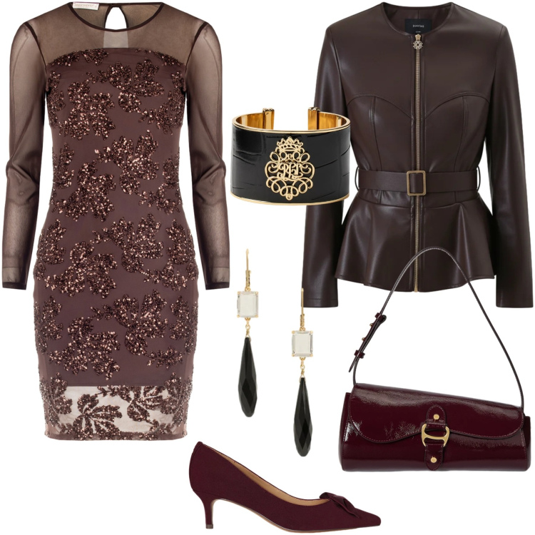 Outfit donna - Party look. Stile Glamour per Serata fuori. Abbinamento con vestiti a tubino, giacche, orecchini, décolleté, borse a spalla, braccialetti.