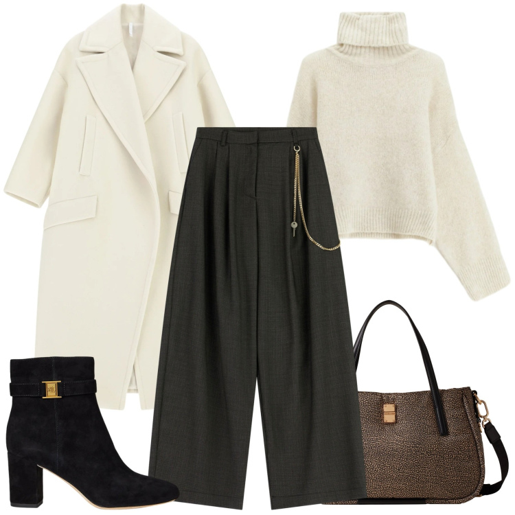 Outfit donna - Il cappotto bianco oversize. Stile Chic per Ufficio. Abbinamento con cappotti, pantaloni a palazzo, maglieria, shopping bag, stivaletti.