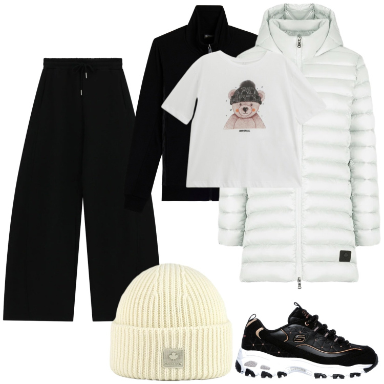 Outfit donna - Sporty Chic. Stile Sporty chic per Tutti i giorni. Abbinamento con t-shirt, pantaloni a palazzo, felpe sportive, berretti, piumini, scarpe sportive.