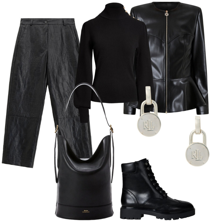 Outfit donna - Completo in pelle. Stile Rock per Serata fuori. Abbinamento con pantaloni, giacche, borse a secchiello, orecchini, maglieria, anfibi.