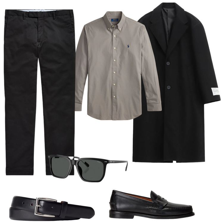 Outfit uomo - Il cappotto di mattina. Stile Business/Elegante per Tutti i giorni. Abbinamento con cappotti, scarpe stringate, cinture, pantaloni chino, occhiali da sole, camicie.