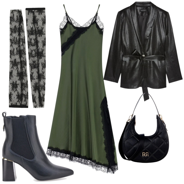 Outfit donna - Brilla con i tessuti. Stile Glamour per Serata fuori. Abbinamento con borse a tracolla, guanti, vestiti asimmetrici, stivaletti, blazer.