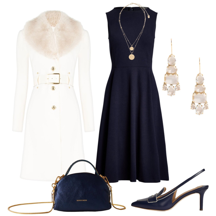 Outfit donna - Xmas blu time - @susystyle. Stile Chic per Serata fuori. Abbinamento con cappotti, borse a mano, ciondoli, vestiti senza maniche, orecchini, décolleté.