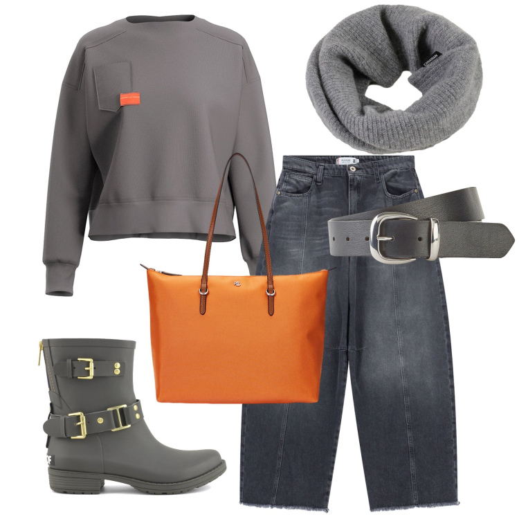 Outfit donna - Total look #2302226. Stile Sporty chic per Tutti i giorni. Abbinamento con cinture, pantaloni a palazzo, borse tote, scaldacollo, stivali, felpe.