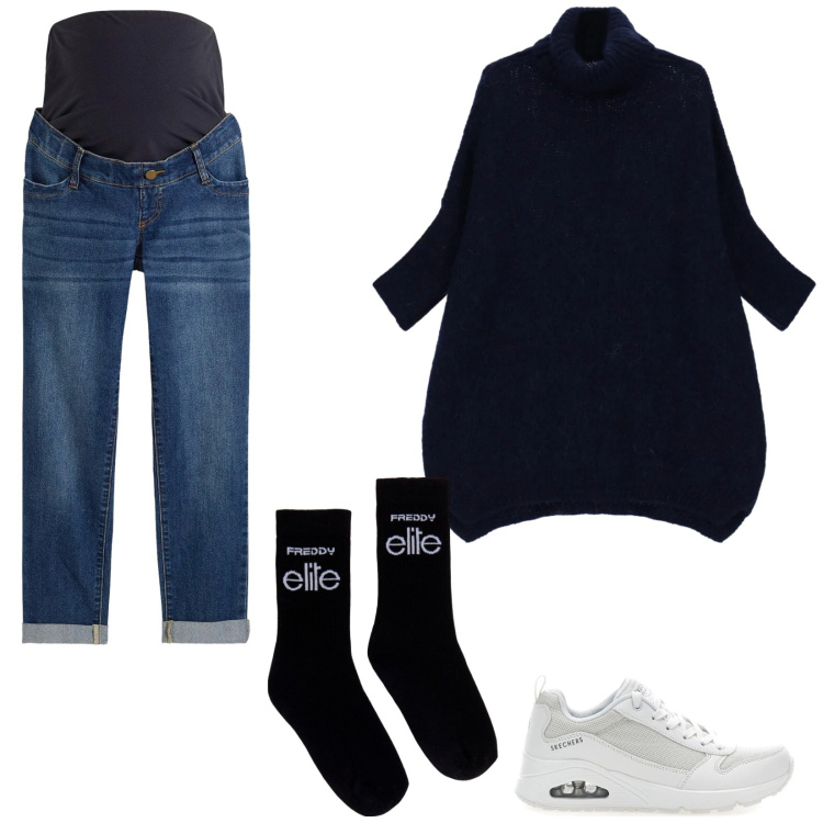 Outfit donna - Semplice Comodo. Stile Casual per Tutti i giorni. look ideale per Premaman. Abbinamento con jeans, maglieria, calzini, sneakers.