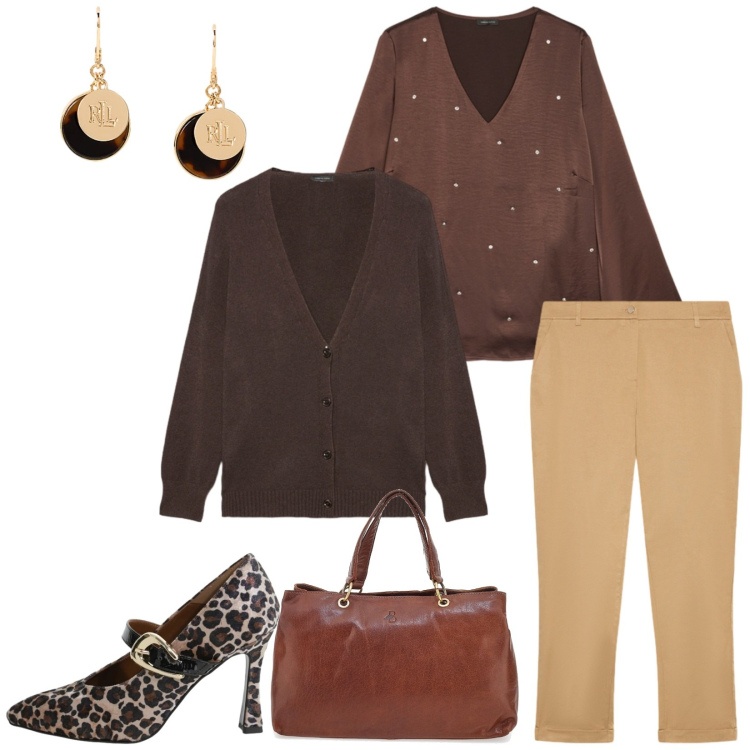 Outfit donna - Total look #2302231. Stile Chic per Serata fuori. Abbinamento con décolleté, orecchini, bluse, cardigans, pantaloni chino, borse a tracolla.