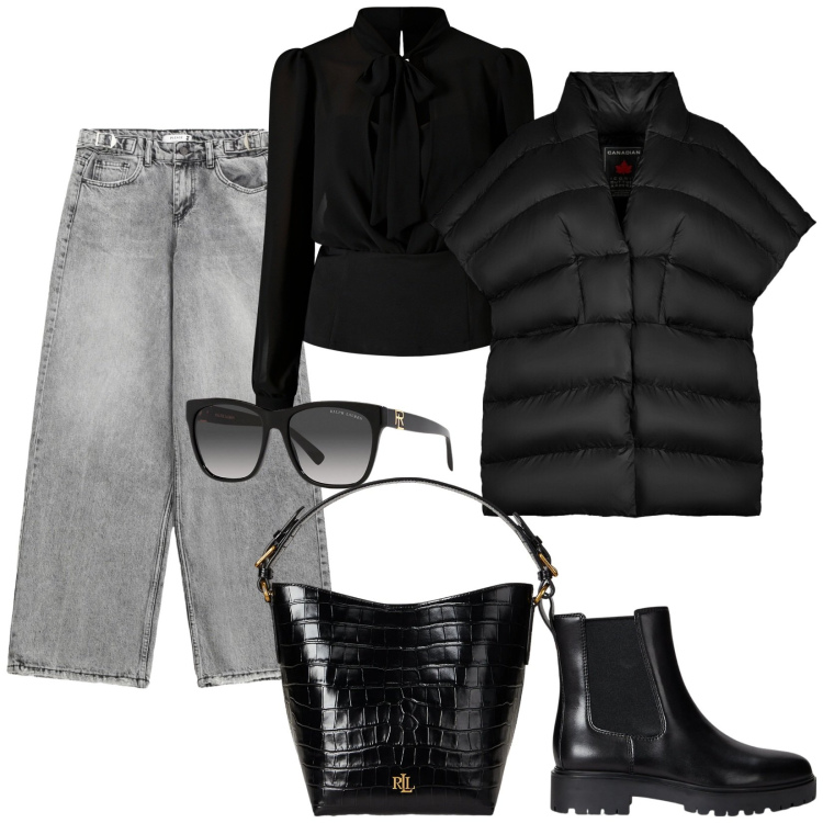 Outfit donna - Mattinata Rock. Stile Rock per Tutti i giorni. Abbinamento con jeans, bluse, stivaletti chelsea, occhiali da sole, borse a secchiello, piumini.