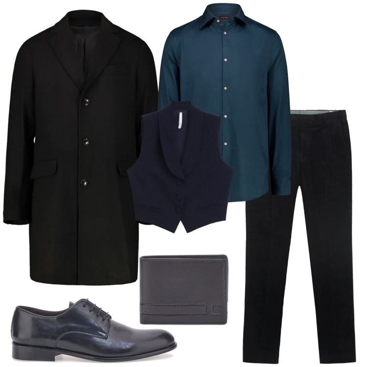 Outfit uomo - Total look #2302236. Stile Business/Elegante per Cerimonia. Abbinamento con gilet, scarpe stringate, portafogli, pantaloni, camicie, cappotti.