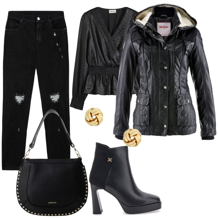 Outfit donna - Rock di sera. Stile Rock per Serata fuori. Abbinamento con blazer, bluse, borse a spalla, jeans skinny, orecchini, stivaletti.