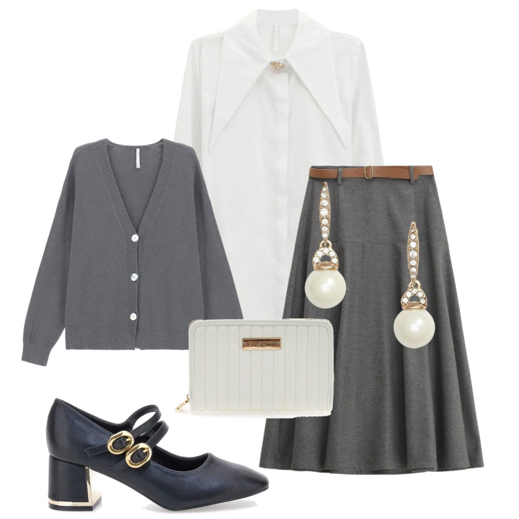 Outfit donna - Total look #2302245. Stile Bon Ton per Scuola/Università. Abbinamento con gonne lunghe, camicie, cardigans, orecchini, décolleté, portafogli.