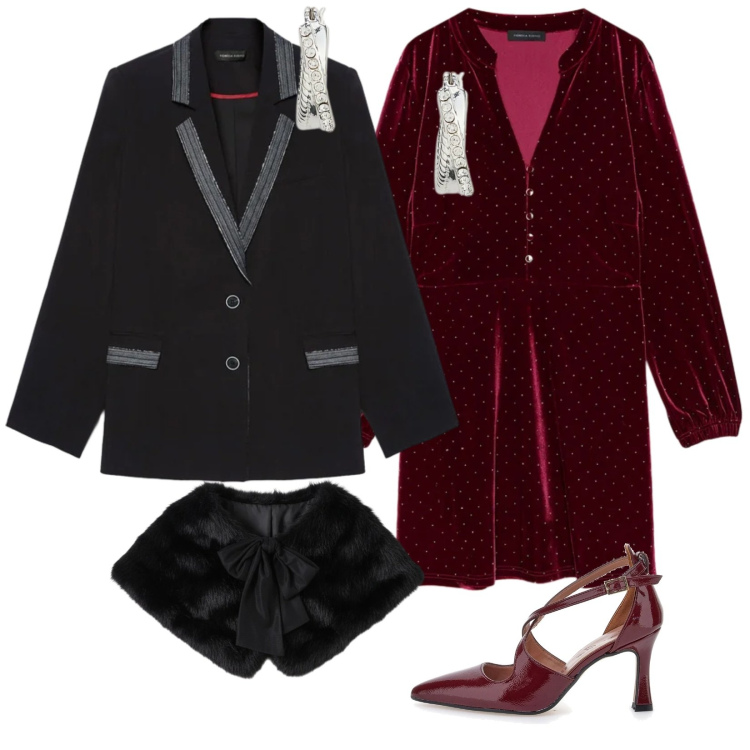 Outfit donna - Occasioni natalizie. Stile Glamour per Serata fuori. Abbinamento con stole, orecchini, vestiti corti, blazer, décolleté.