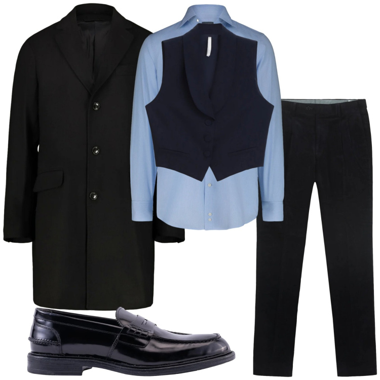 Outfit uomo - Total look #2302253. Stile Trendy per Serata speciale. Abbinamento con gilet, pantaloni, cappotti, scarpe stringate, camicie.