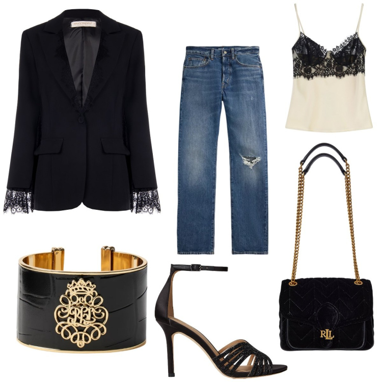 Outfit donna - Bianco e nero. Stile Casual chic per Serata fuori. Abbinamento con blazer, canottiere, sandali gioiello, jeans dritti, borse a spalla, braccialetti.