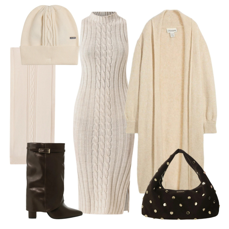 Outfit donna - Praticità e charme per tutti i giorni. Stile Casual chic per Tutti i giorni. Abbinamento con cardigans, vestiti midi/longuette, stivali, borse a spalla, berretti, sciarpe.