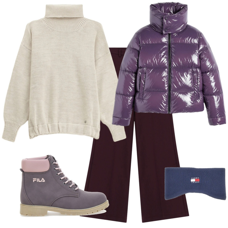 Outfit donna - Sportiva e curata. Stile Sporty chic per Tutti i giorni. Abbinamento con maglieria, pantaloni, piumini, stivaletti, fasce per capelli.