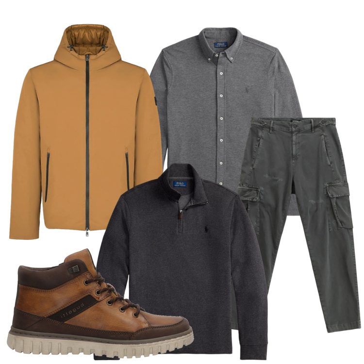 Outfit uomo - Total look #2302258. Stile Casual per Tutti i giorni. Abbinamento con pantaloni cargo, camicie, pullovers, parka, anfibi.