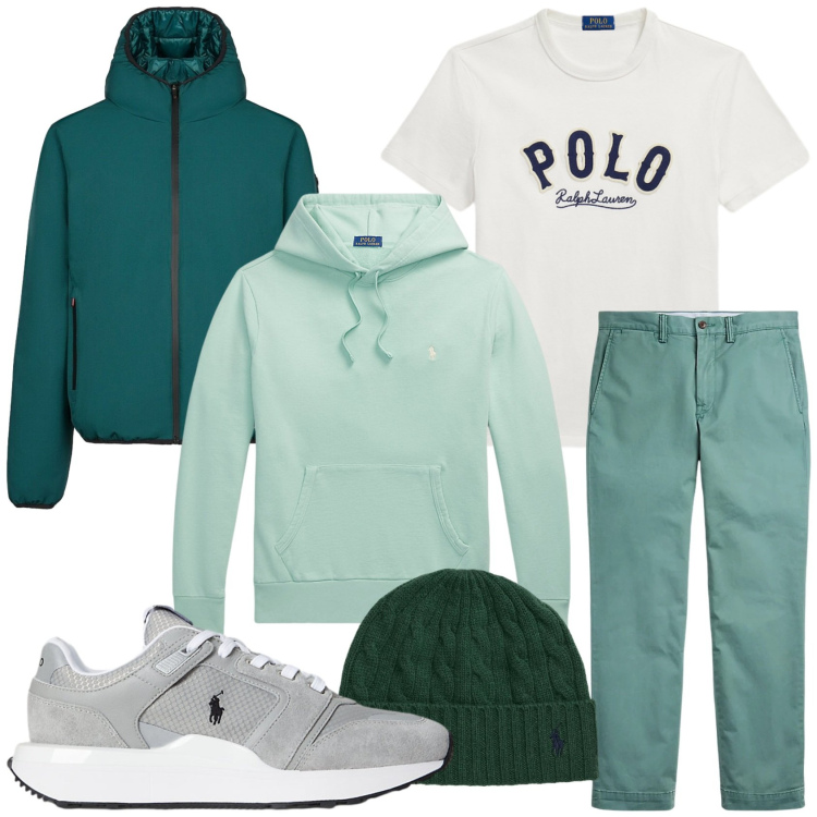 Outfit uomo - Il freddo verde. Stile Urban per Tutti i giorni. Abbinamento con felpe con cappuccio, pantaloni, sneakers, berretti, t-shirt, bomber.