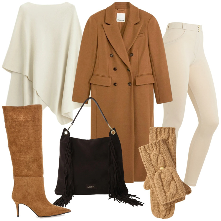 Outfit donna - Total look #2302260. Stile Minimal per Tutti i giorni. Abbinamento con cappotti, maglieria, borse a spalla, pantaloni skinny, guanti, stivali.