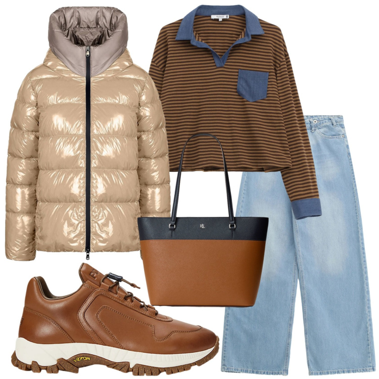 Outfit donna - Total look #2302263. Stile Casual per Tutti i giorni. Abbinamento con jeans, t-shirt, sneakers, borse tote, piumini.