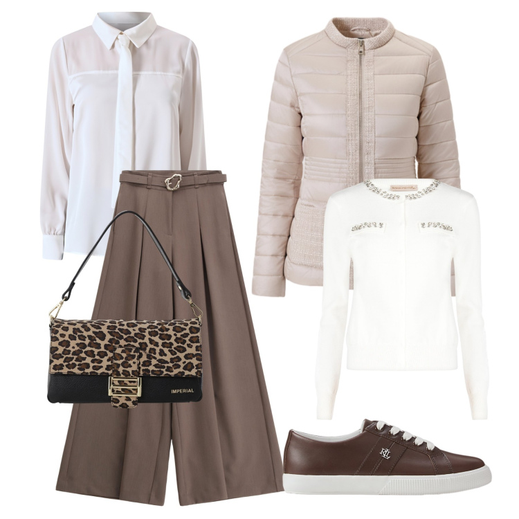 Outfit donna - Soft neutral vibes. Stile Bon Ton per Ufficio. Abbinamento con camicie, cardigans, piumini, pantaloni, borse a spalla, sneakers.