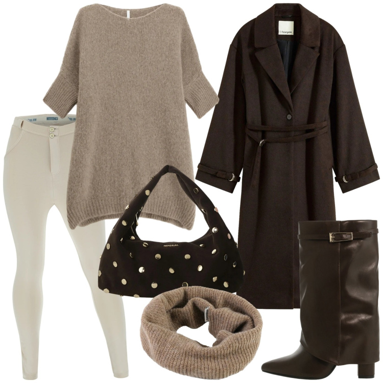 Outfit donna - Total look #2302265. Stile Minimal per Tutti i giorni. Abbinamento con cappotti, maglieria, stivali, borse a spalla, pantaloni skinny, scaldacollo.