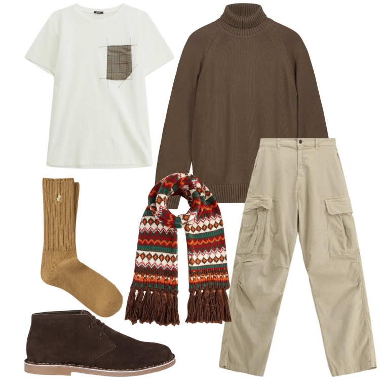 Outfit uomo - Total look #2302267. Stile Urban per Tutti i giorni. Abbinamento con t-shirt, pantaloni cargo, calzini, stivali e stivaletti, pullovers, sciarpe.