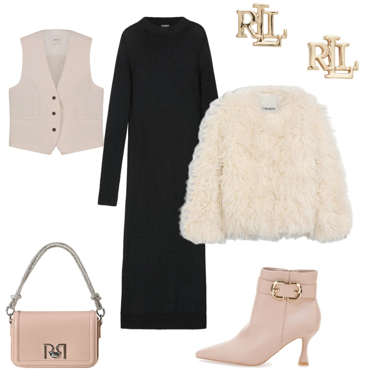 Outfit donna - Total look #2302270. Stile Chic per Serata fuori. Abbinamento con ecopellicce, borse a mano, orecchini, stivaletti, vestiti lunghi, gilet.