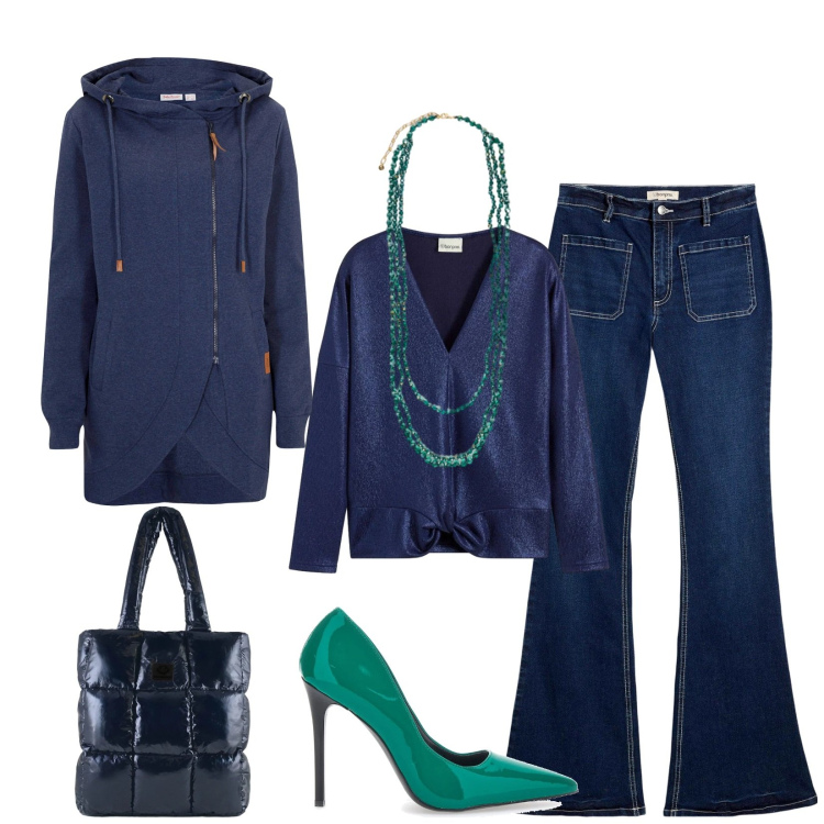 Outfit donna - Total look #2302273. Stile Chic per Serata fuori. Abbinamento con blazer, jeans bootcut, bluse, shopping bag, décolleté, collane.