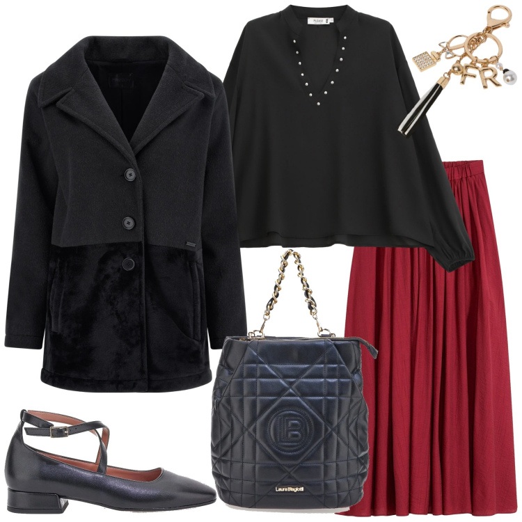 Outfit donna - Total look #2302275. Stile Romantica per Ufficio. Abbinamento con gonne lunghe, camicie, cappotti, ballerine, portachiavi, zaini.