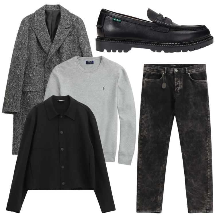 Outfit uomo - Total look #2302276. Stile Casual per Serata speciale. Abbinamento con camicie, cappotti, pantaloni, maglieria, scarpe stringate.