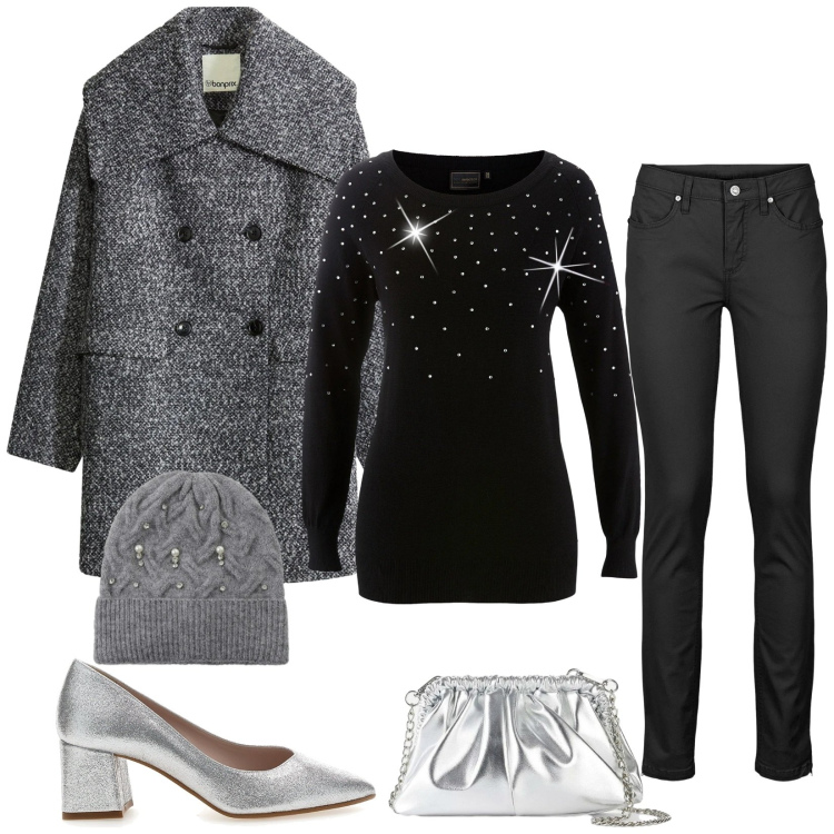 Outfit donna - Total look #2302278. Stile Chic per Serata fuori. Abbinamento con maglieria, jeans skinny, cappotti, borse a tracolla, berretti, décolleté.