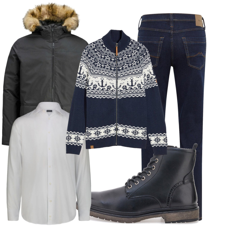 Outfit uomo - Mare d\'inverno. Stile Casual per Tutti i giorni. Abbinamento con jeans dritti, parka, cardigans, anfibi, camicie.