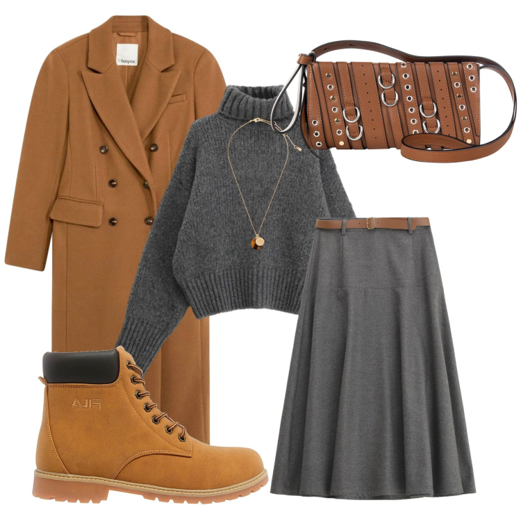 Outfit donna - Chic d’autunno. Stile Urban per Tutti i giorni. Abbinamento con cappotti, gonne lunghe, borse a spalla, maglieria, collane, stivaletti.